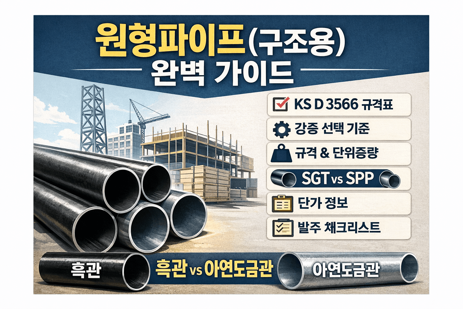 원형파이프(구조용)란? 정의, KS 규격표, 강종 선택 기준, 단위중량, 배관용과의 차이, 단가